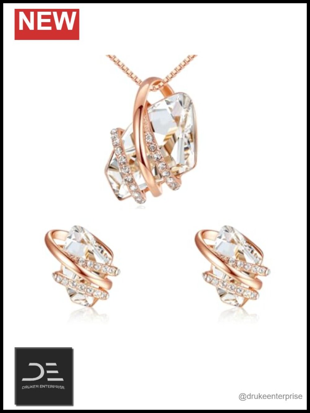 Crystal Necklace & Stud Earrings Jewelry Set for Women, Silver Tone